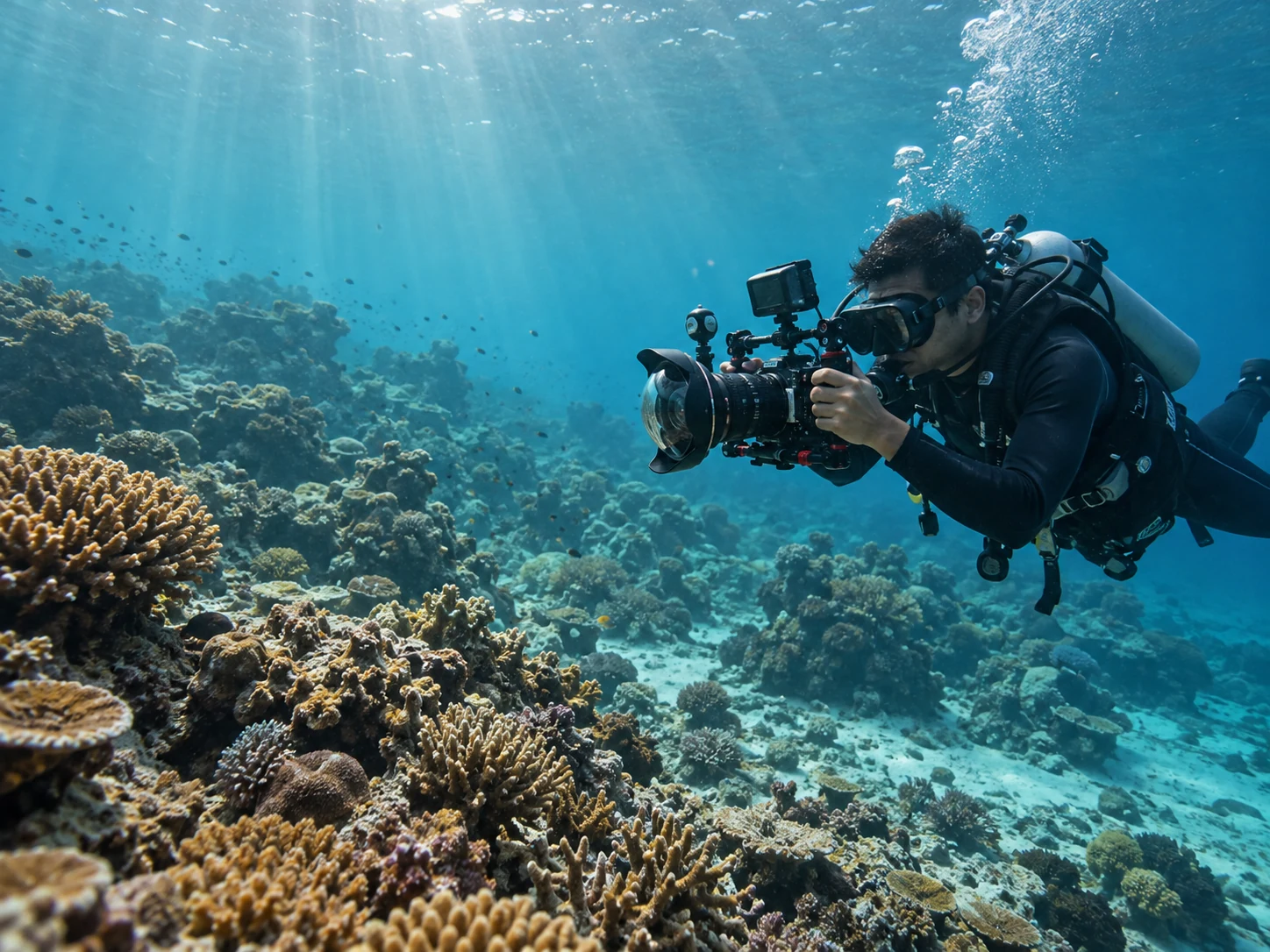 Illustrative underwater videographer filming a tropical reef